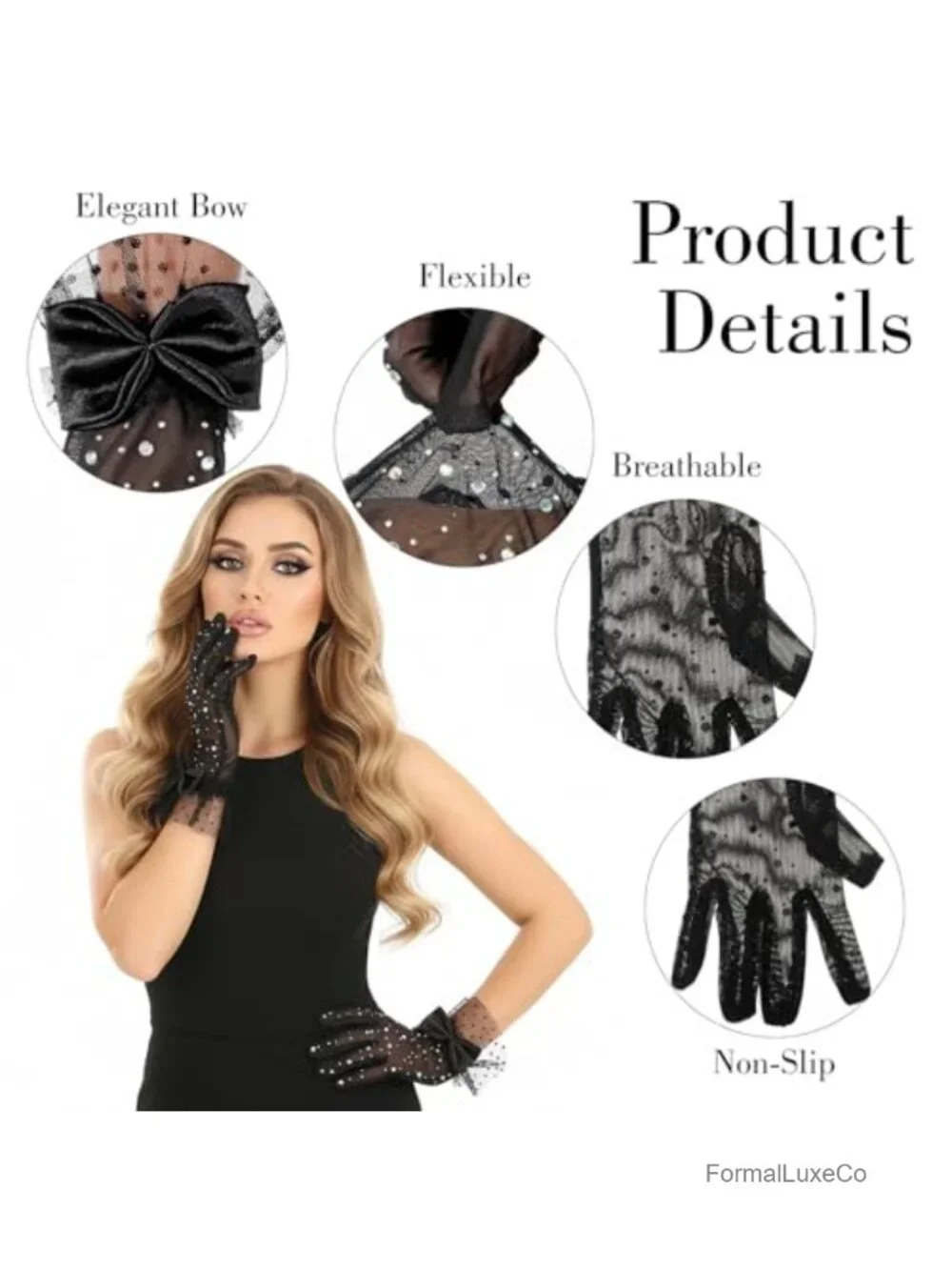 Sheer Mesh Lace Floral Gloves with Rhinestones and Bow, Elegant Tea Party